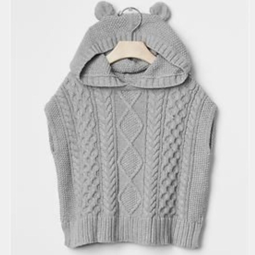 𝅺baby GAP cable knit poncho sweater grey 18-24 month boy girl bear ears hooded